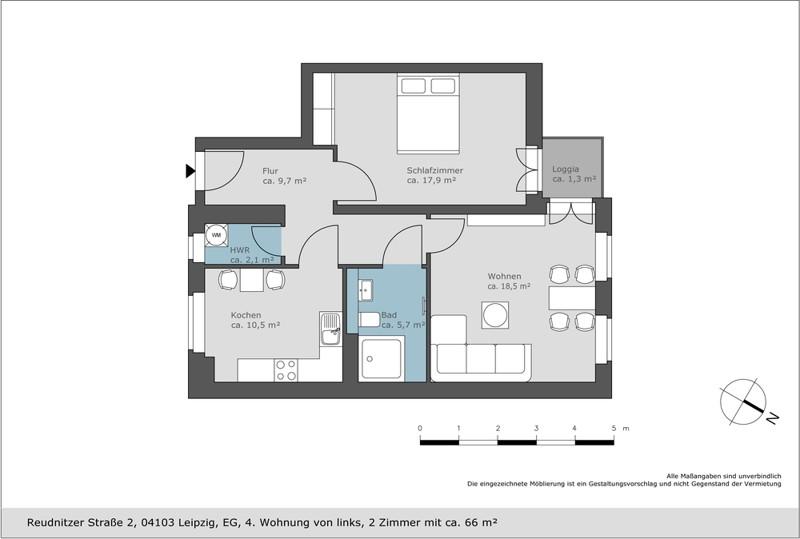 Erdgeschoßwohnung Leipzig Mitte - 2 Zimmer, 66 m&sup2;, 822&euro; | Angebot:23227988