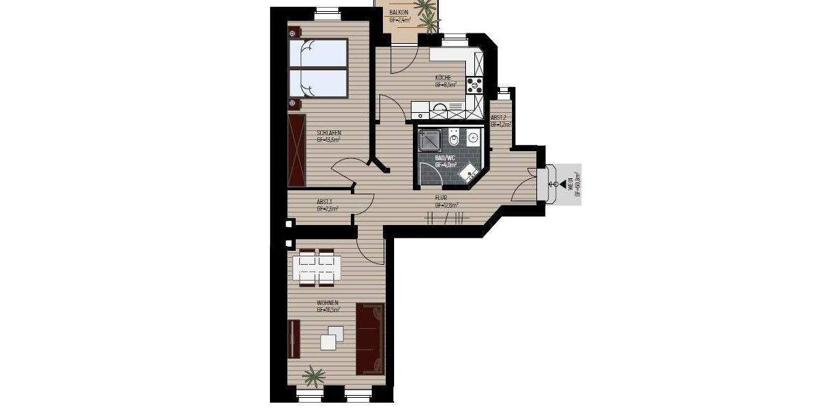 Etagenwohnung Leipzig Schönefeld-Abtnaundorf - 2 Zimmer, 60 m&sup2;, 163.000&euro; | Angebot:25997837