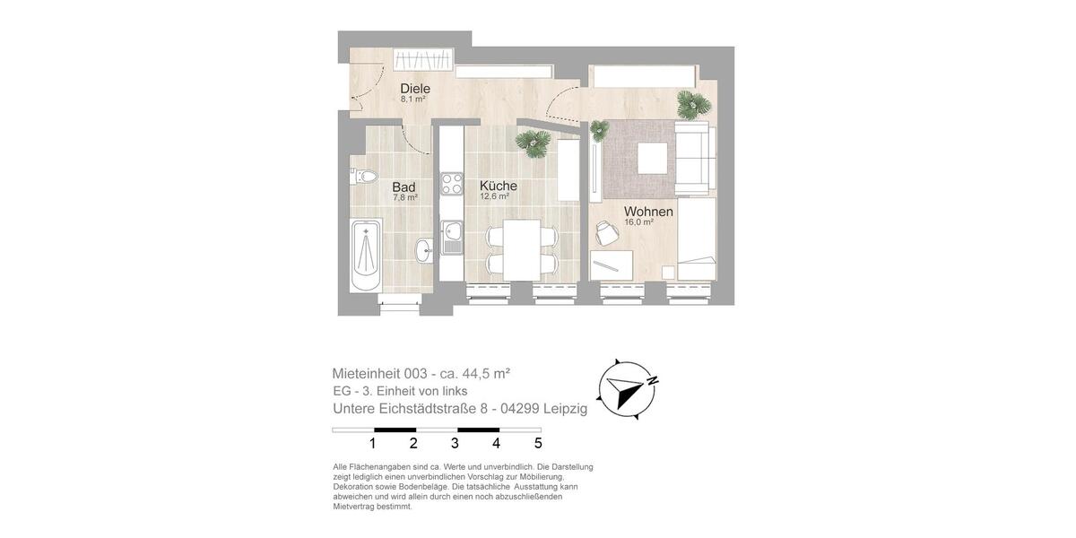 Erdgeschoßwohnung Leipzig Südost - 1 Zimmer, 44 m&sup2;, 376&euro; | Angebot:25855296