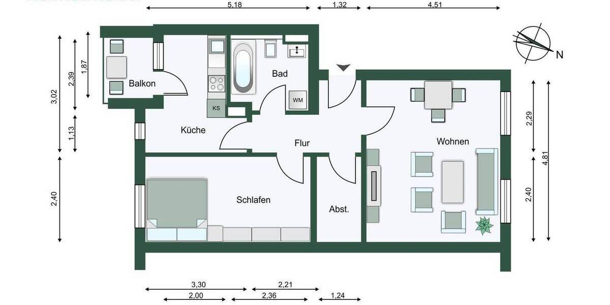 Etagenwohnung Leipzig Zentrum-Nordwest - 2 Zimmer, 56 m&sup2;, 179.000&euro; | Angebot:26275400