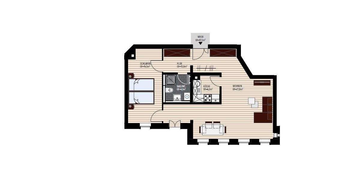 Etagenwohnung Leipzig Schönefeld-Abtnaundorf - 2 Zimmer, 61 m&sup2;, 162.975&euro; | Angebot:25682500