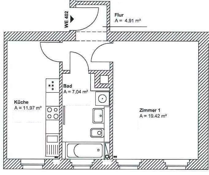Etagenwohnung Leipzig Nordost - 1 Zimmer, 45 m&sup2;, 422&euro; | Angebot:26435038