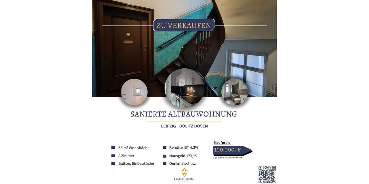 Etagenwohnung Leipzig / Dölitz-Dösen Dösen - 2 Zimmer, 55 m&sup2;, 190.000&euro; | Angebot:26562628