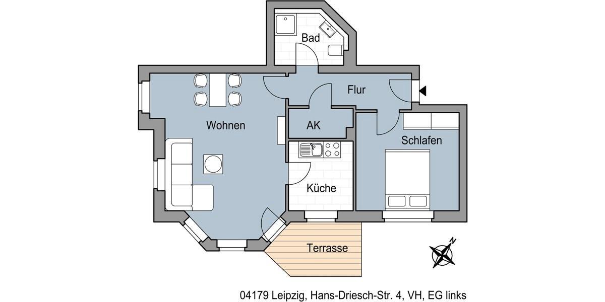 Erdgeschoßwohnung Leipzig Altwest - 2 Zimmer, 57 m&sup2;, 563&euro; | Angebot:26295076