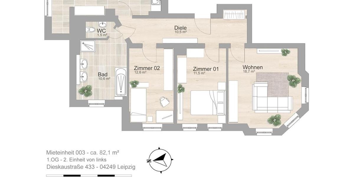 Etagenwohnung Leipzig Südwest - 3 Zimmer, 82 m&sup2;, 672&euro; | Angebot:25486993
