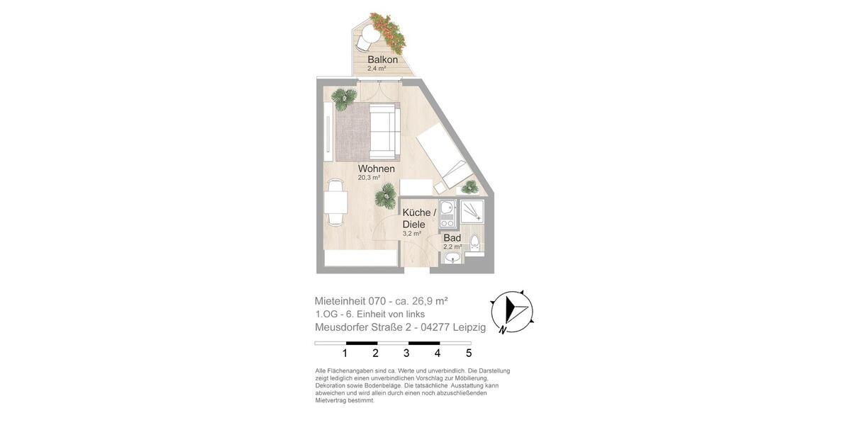 Etagenwohnung Leipzig Süd - 1 Zimmer, 27 m&sup2;, 331&euro; | Angebot:25438207