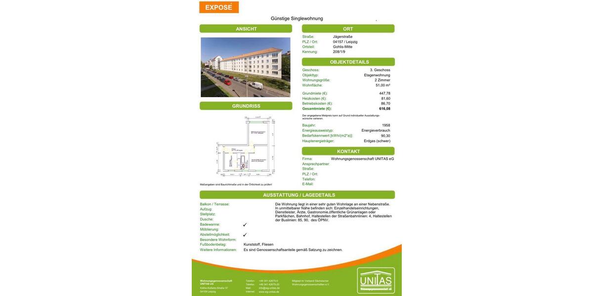 Etagenwohnung Leipzig Nord - 2 Zimmer, 51 m&sup2;, 616&euro; | Angebot:26613583