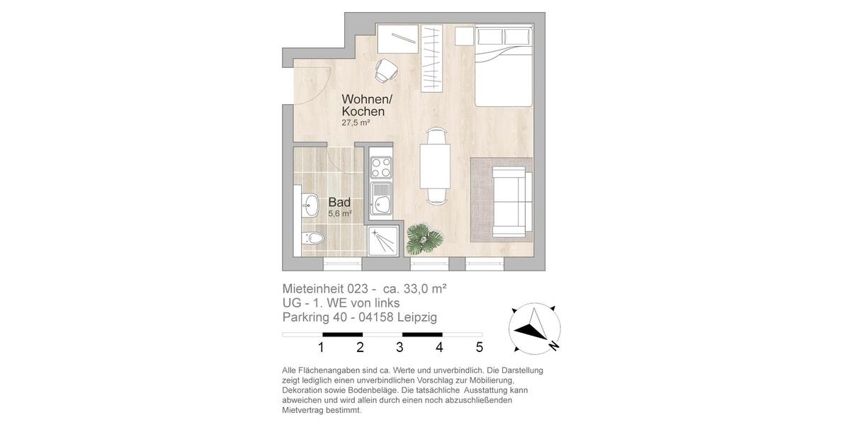 Etagenwohnung Leipzig Nord - 1 Zimmer, 33 m&sup2;, 317&euro; | Angebot:26621733