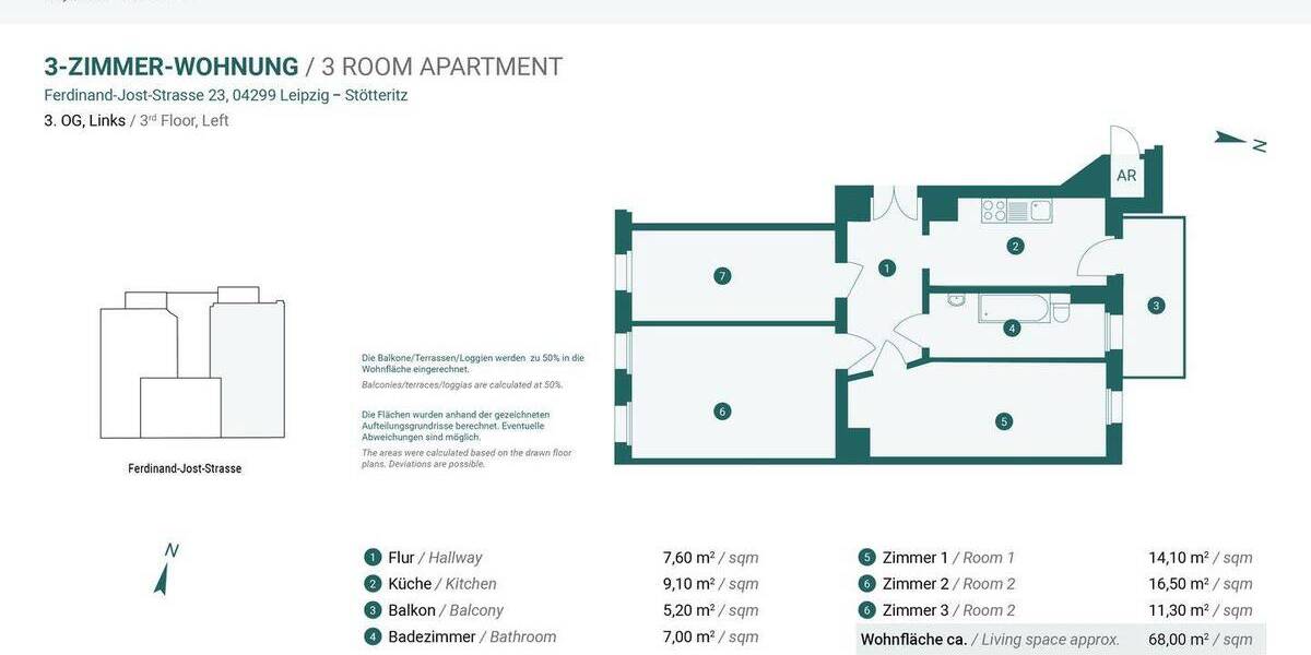 Etagenwohnung Leipzig Stötteritz - 3 Zimmer, 68 m&sup2;, 249.000&euro; | Angebot:26855716