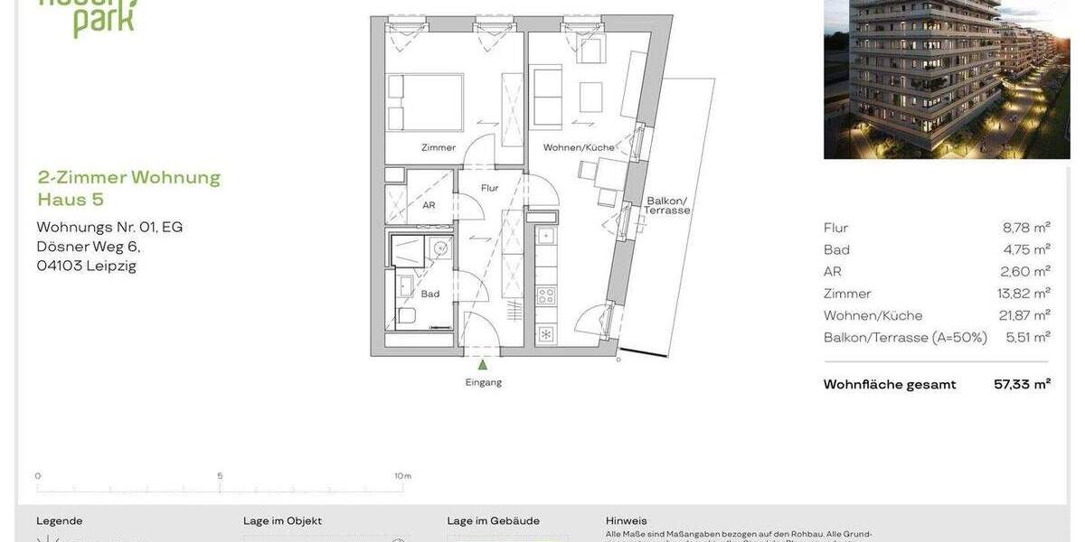 Etagenwohnung Leipzig Zentrum-Südost - 2 Zimmer, 57 m&sup2;, 298.000&euro; | Angebot:25717905