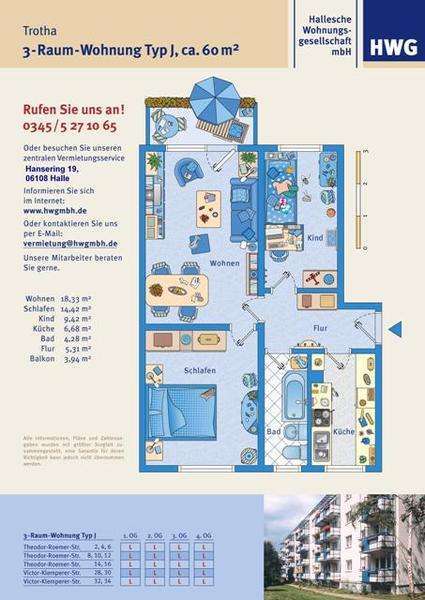 Wohnung zum Mieten in Halle 385 € 59.14 m²
