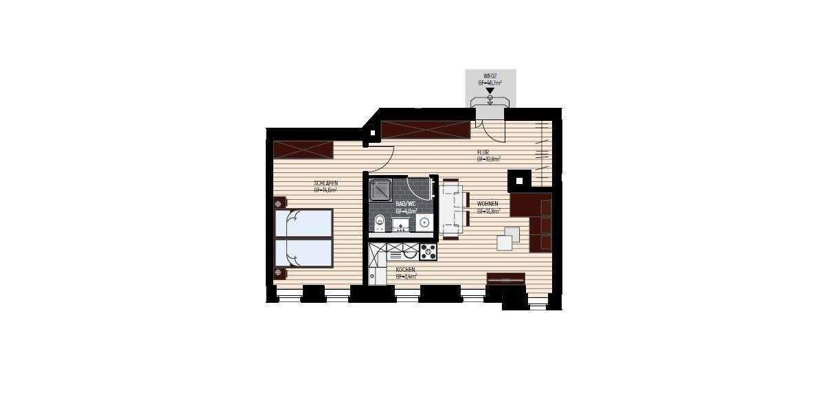 Etagenwohnung Leipzig Schönefeld-Abtnaundorf - 2 Zimmer, 46 m&sup2;, 125.000&euro; | Angebot:26017187