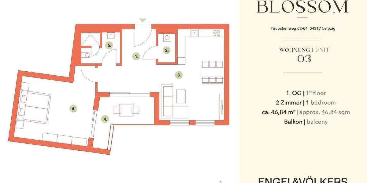 Etagenwohnung Leipzig Zentrum-Ost - 2 Zimmer, 46 m&sup2;, 235.000&euro; | Angebot:25632446