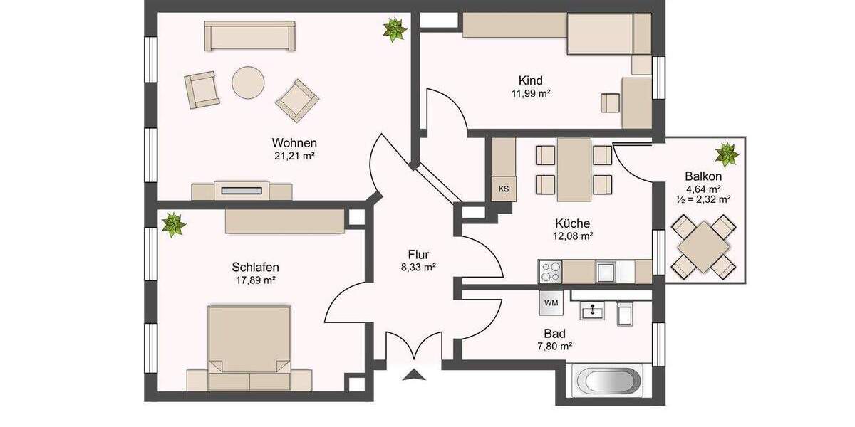 Etagenwohnung Leipzig Gohlis-Süd - 3 Zimmer, 81 m&sup2;, 280.000&euro; | Angebot:25676223