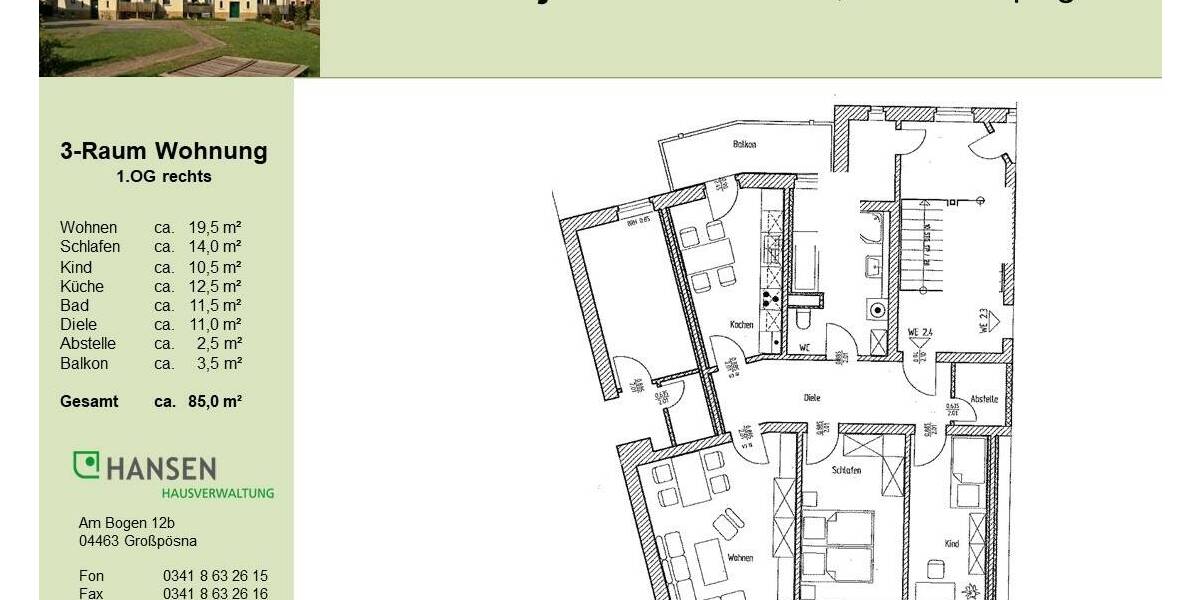 Etagenwohnung Leipzig Liebertwolkwitz - 3 Zimmer, 85 m&sup2;, 640&euro; | Angebot:25424085