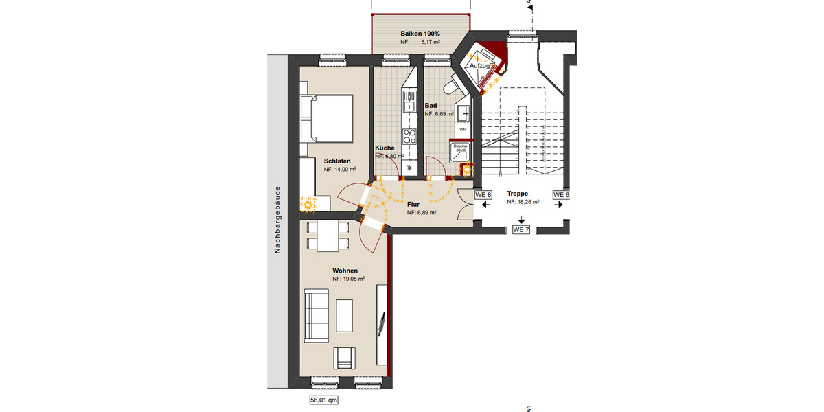 Etagenwohnung Leipzig Anger-Crottendorf - 2 Zimmer, 56 m&sup2;, 757&euro; | Angebot:25735368