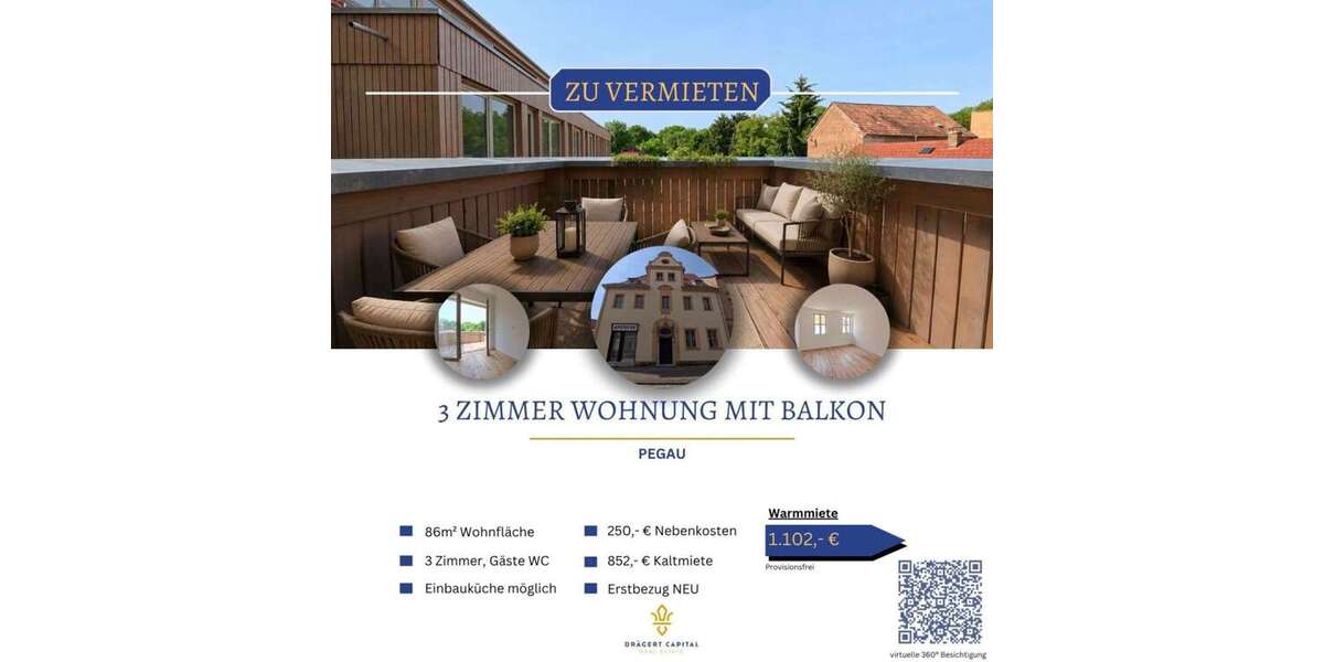 Etagenwohnung Pegau - 3 Zimmer, 86 m&sup2;, 852&euro; | Angebot:26833595