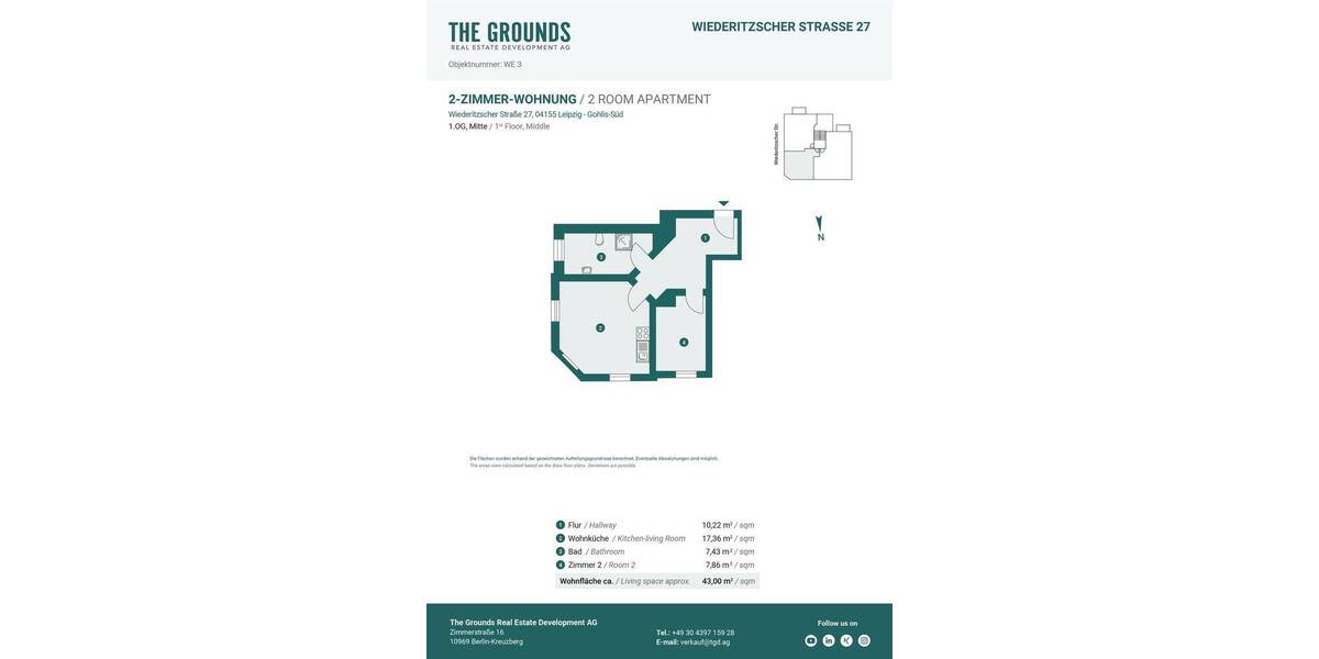 Etagenwohnung Leipzig Gohlis-Süd - 2 Zimmer, 43 m&sup2;, 169.000&euro; | Angebot:26366969