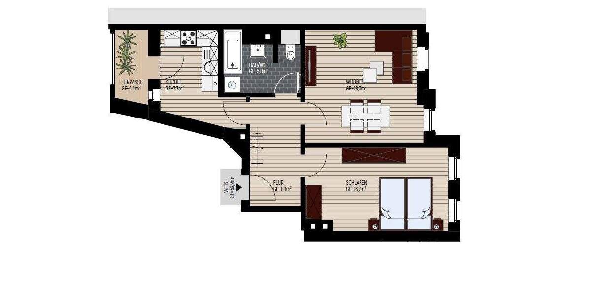 Etagenwohnung Leipzig Schönefeld-Abtnaundorf - 2 Zimmer, 59 m&sup2;, 158.735&euro; | Angebot:26018103